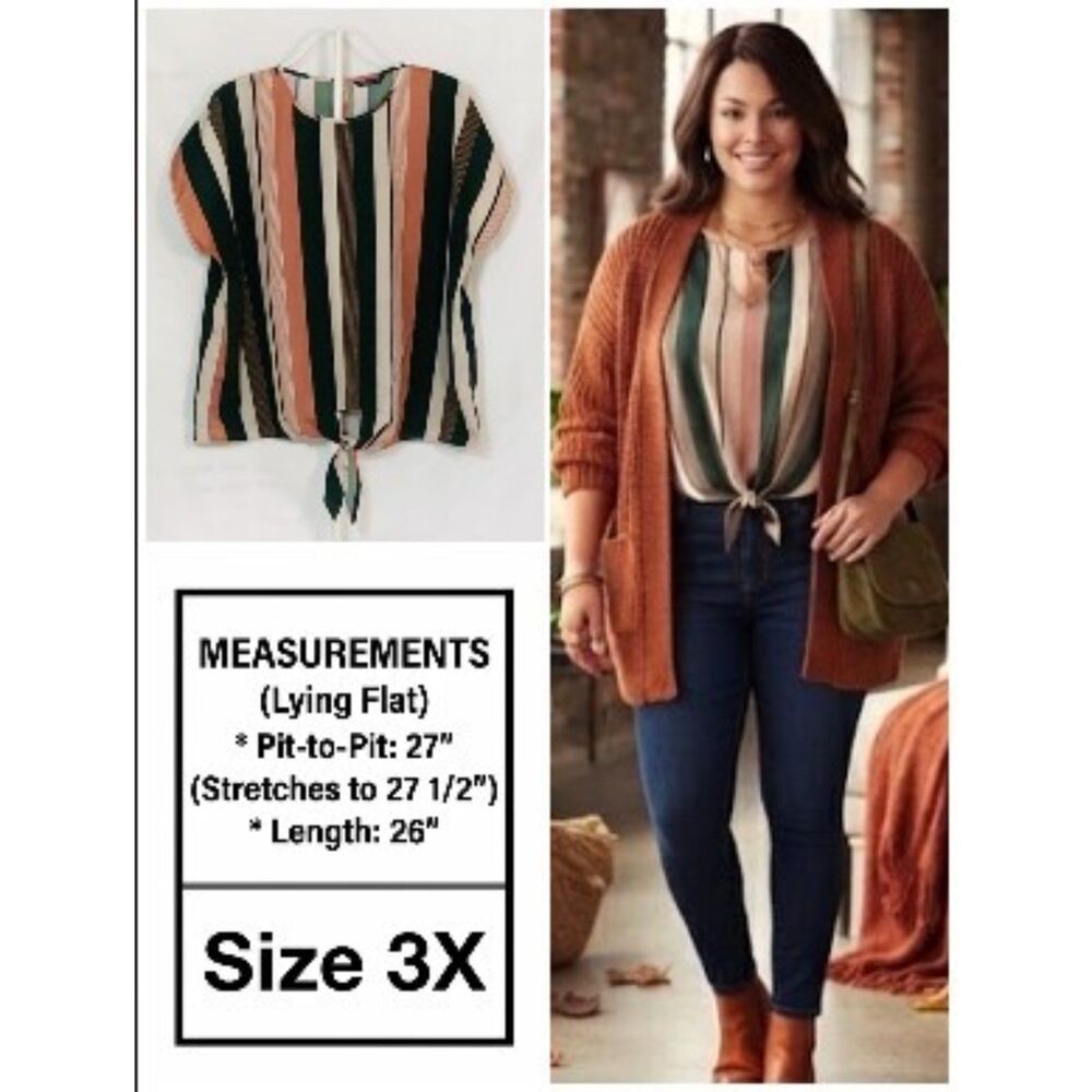 SHEIN Curve Striped Tie Front Blouse 3X 2X 20 22 Cinnamon Black Cream Fall Top